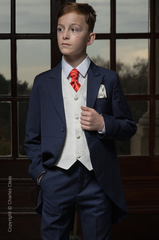 Boys Navy & Ivory Tail Suit with Poppy Red Cravat - Darcy